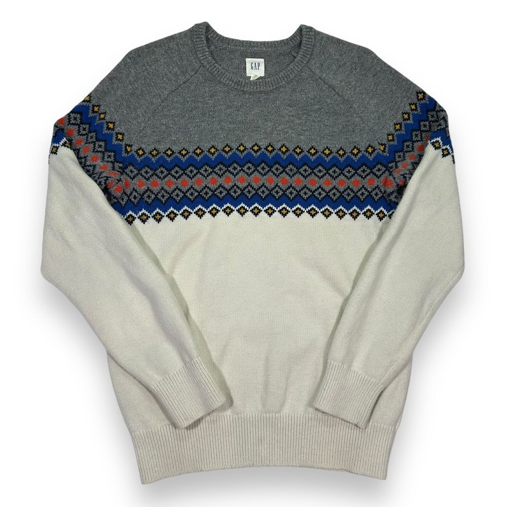 GAP Wool Blend Fair Isle Nordic Pattern Sweater Grey‎ White Blue Mens Small